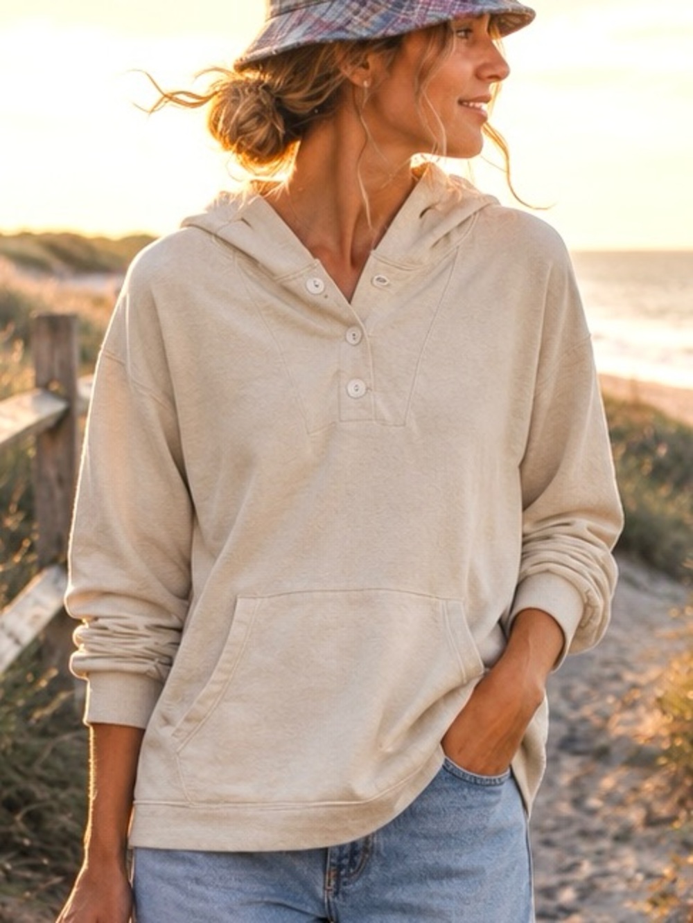 Madewell Oatmeal Mineral Washed  Knit Henley Hoodie Size Large Beachy